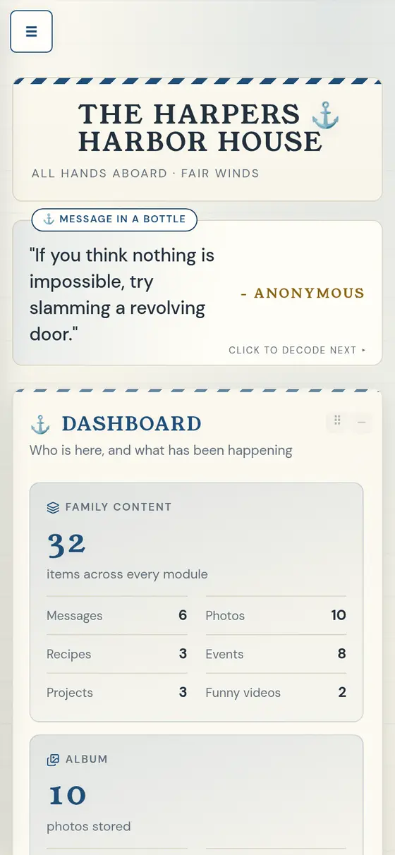 The Harper family's hub on a phone in the Harbor skin, showing the family dashboard.