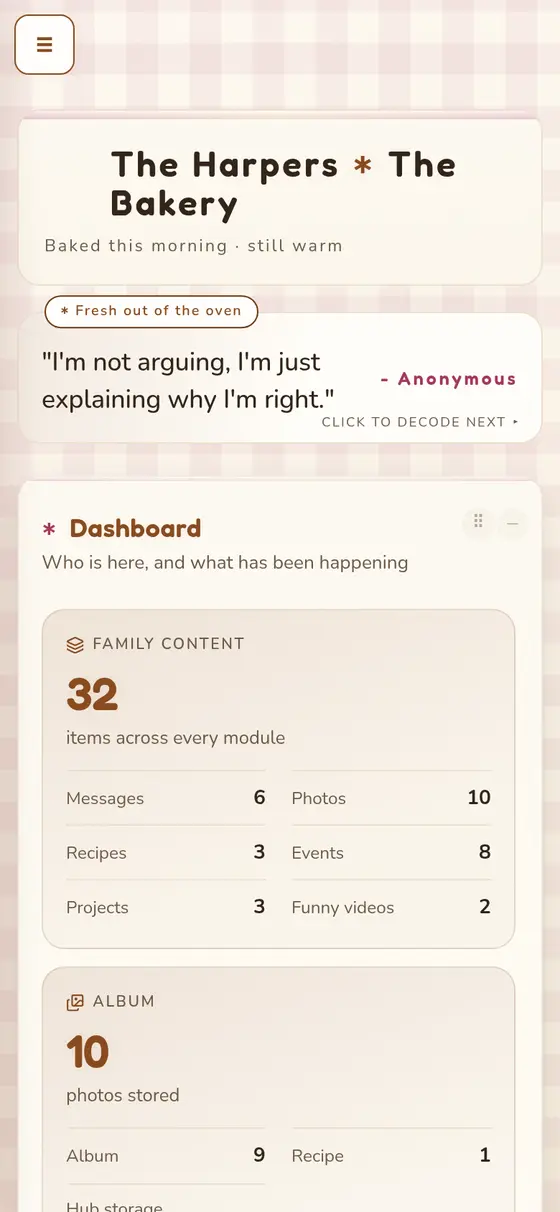 The same hub on a phone in the Bakery skin, pink gingham.