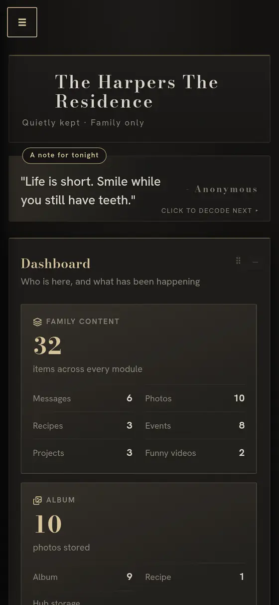 The same hub on a phone in the Noir skin, dark with a typewriter face.