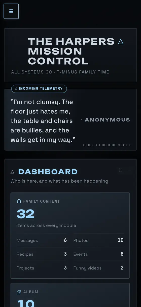 The hub on a phone in the Orbit skin, showing the family dashboard.